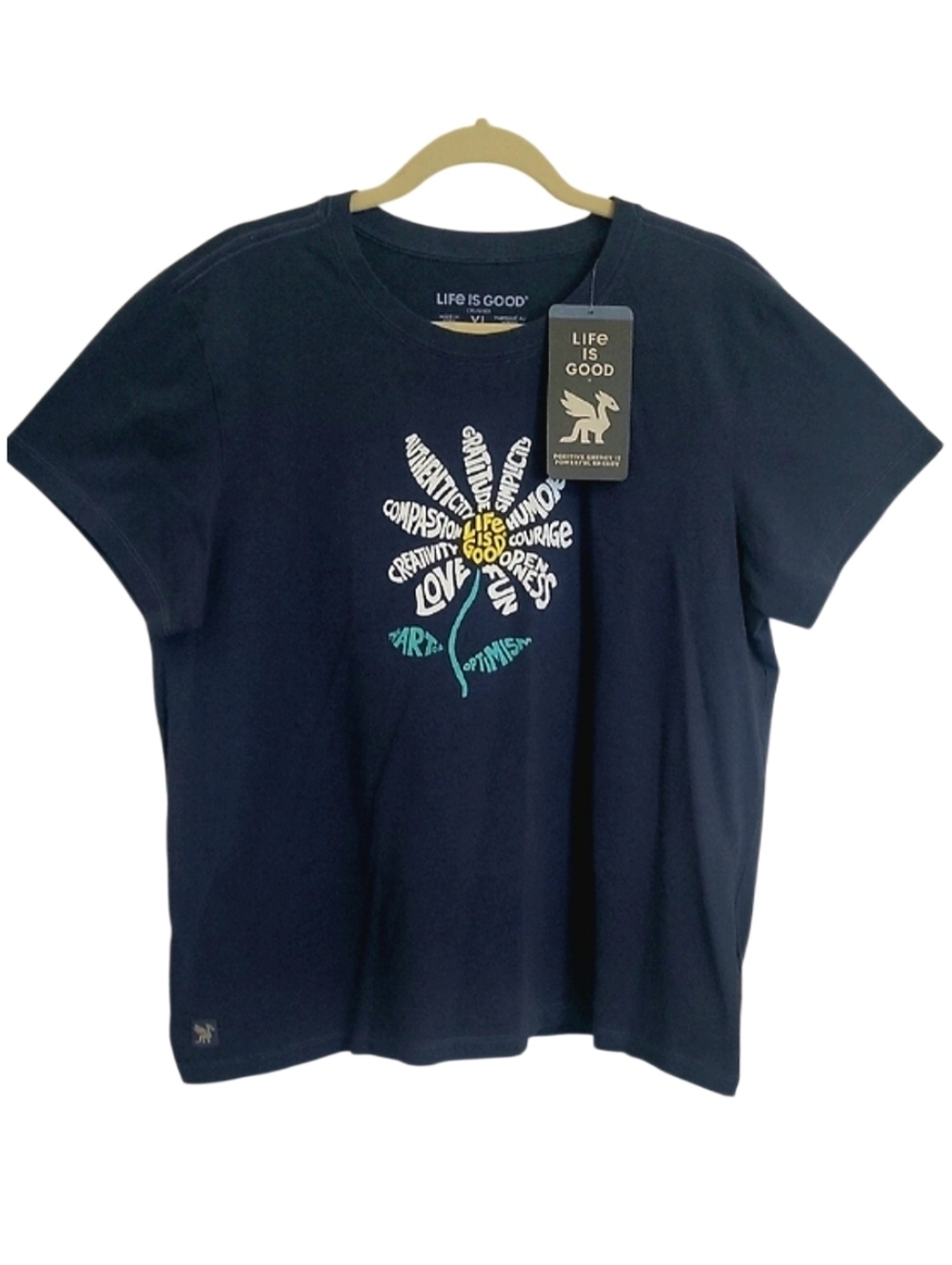 LIFE IS GOOD Navy Tee with Yellow Heart and Teal Stem Graphic Peace Love NWT